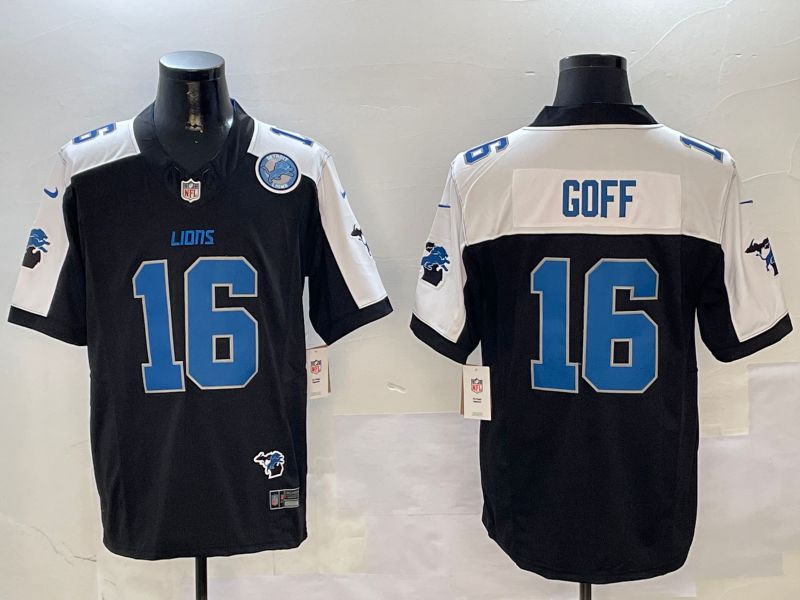 Men Detroit Lions #16 Goff Black Thanksgiving three generations 2024 Nike Limited NFL Jersey style 3